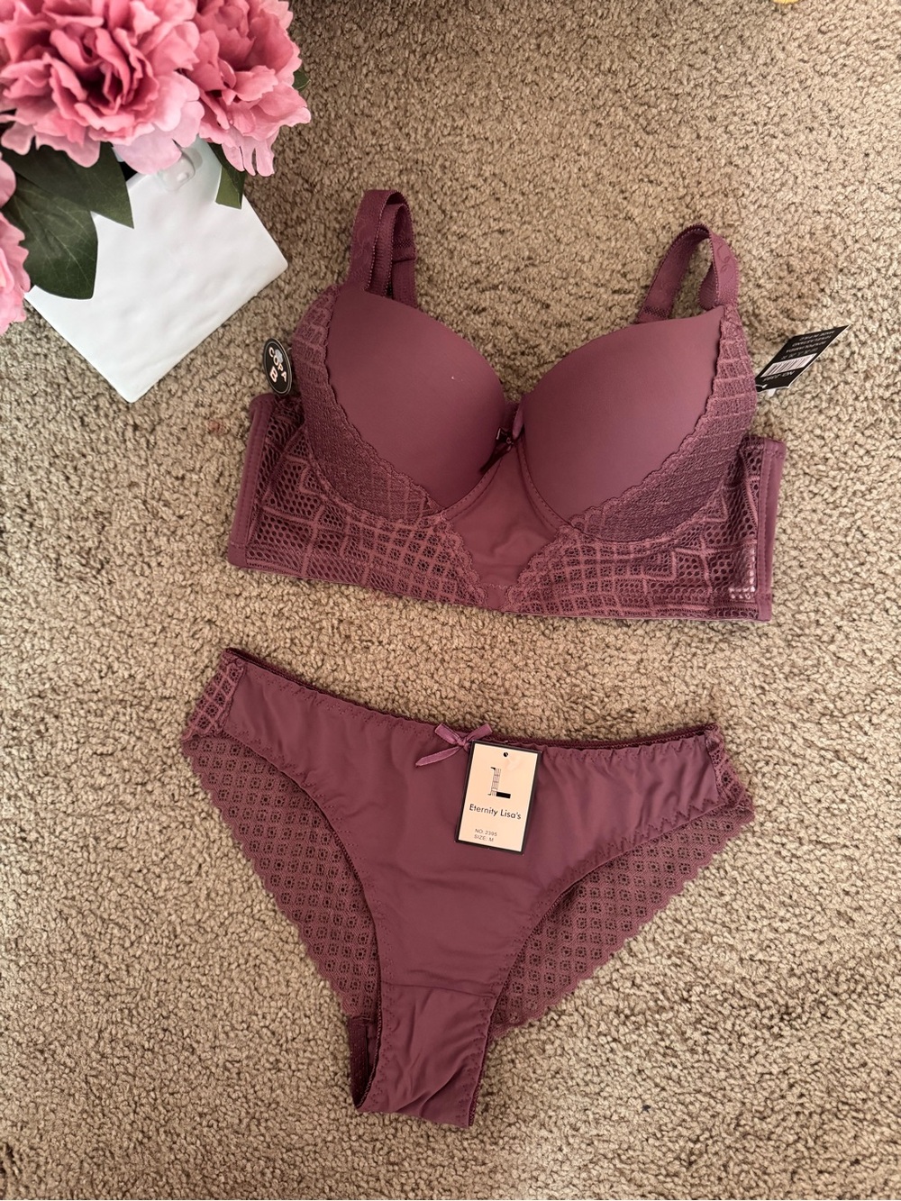 Lace Trim Push-Up Bra & Bikini Brief Set — Mauve